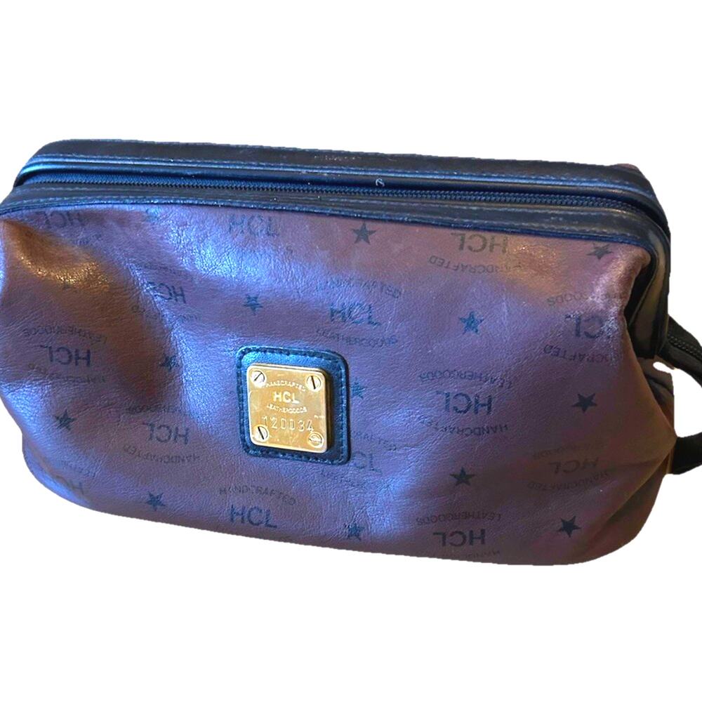 Vintage HCL Mens Toiletry Handcrafted Leather Monogram Travel Bag Shave Kit RARE